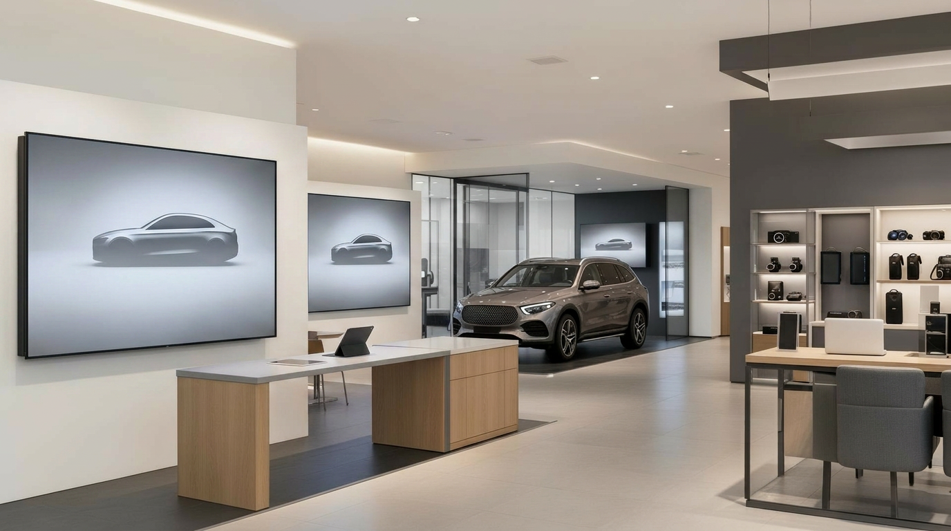 Showroom automotriz con integración digital y física: pantallas, mesa de información de vehículo y zonas de exhibición.