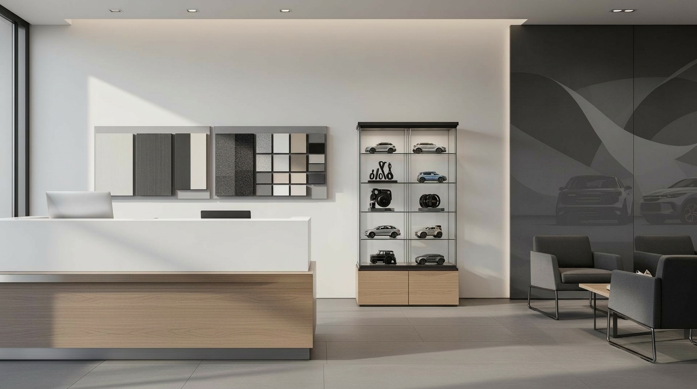 Detalle de un showroom automotriz: mostrador de recepción, muestrarios de materiales, vitrina de accesorios y zona de espera.