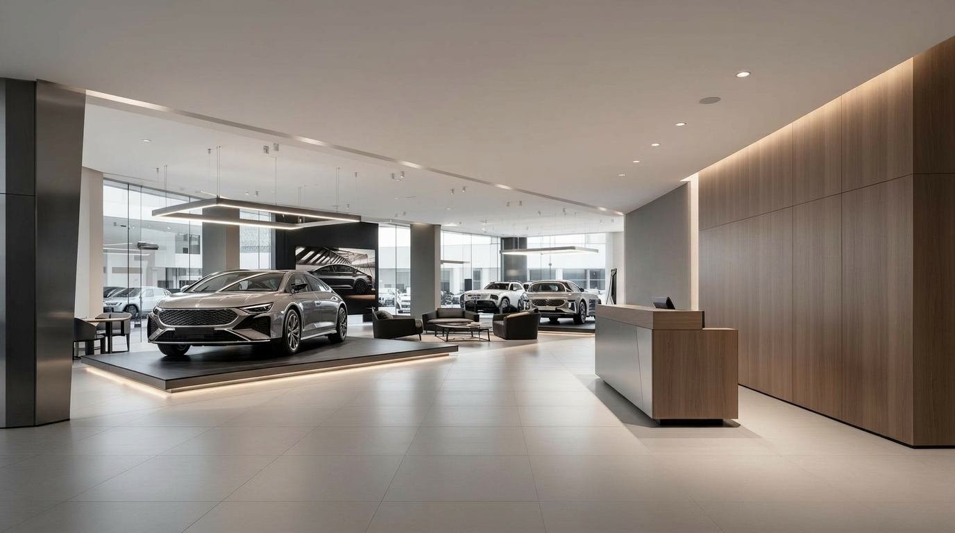 Showroom automotriz moderno con mobiliario comercial sobrio, plataforma de exhibición de vehículo, recepción y materiales premium.