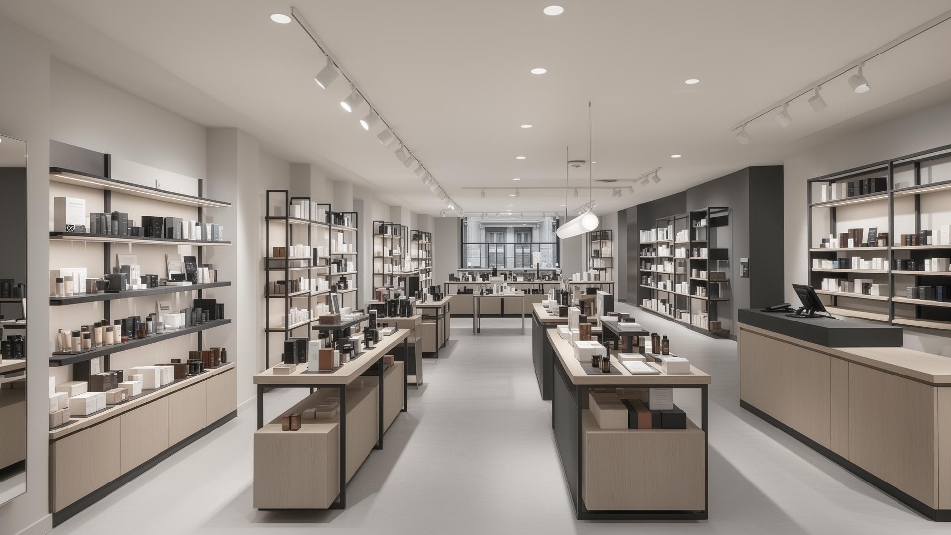 Interior retail premium con mobiliario comercial que organiza la presentación de producto y la circulación del cliente.
