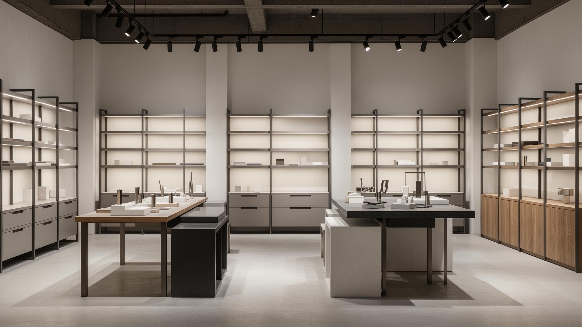 Espacio retail premium en México con mobiliario comercial estructurado, estanterías limpias y mesas de exhibición.
