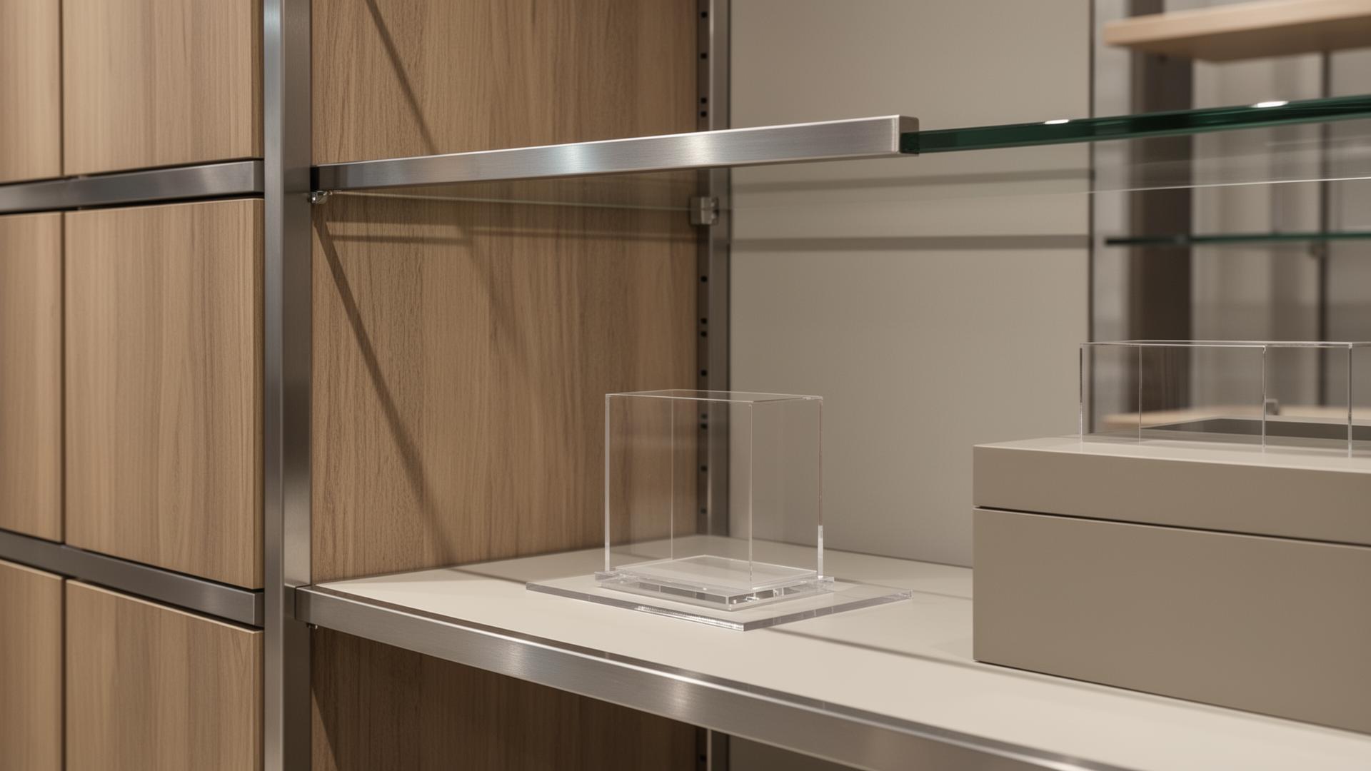 Detalle de materiales en mobiliario comercial: madera natural, acero inoxidable, vidrio y acrílico en un entorno retail premium.