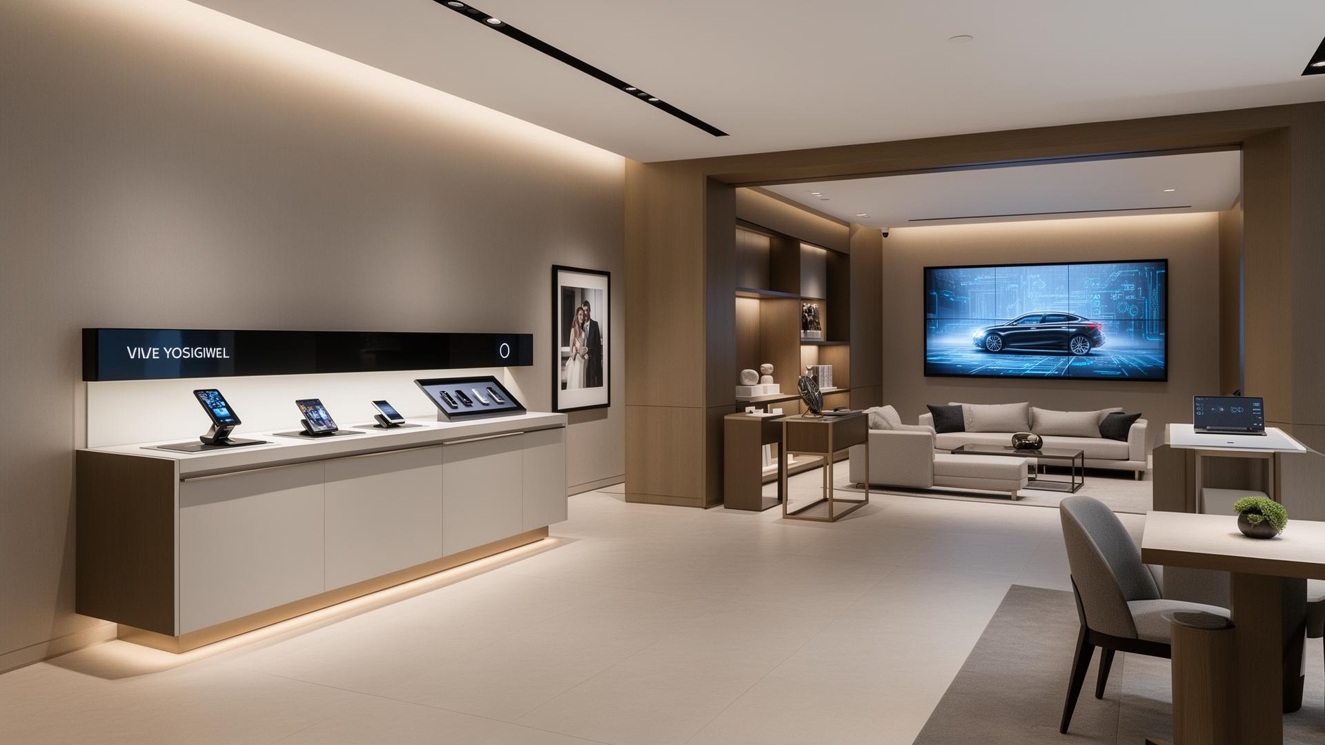Showroom premium con integración digital discreta: pantalla y zona de presentación interactiva.