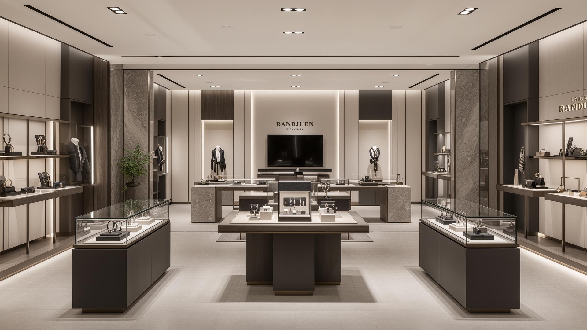 Interior de un showroom de lujo con mobiliario comercial a medida, materiales nobles e iluminación arquitectónica controlada.