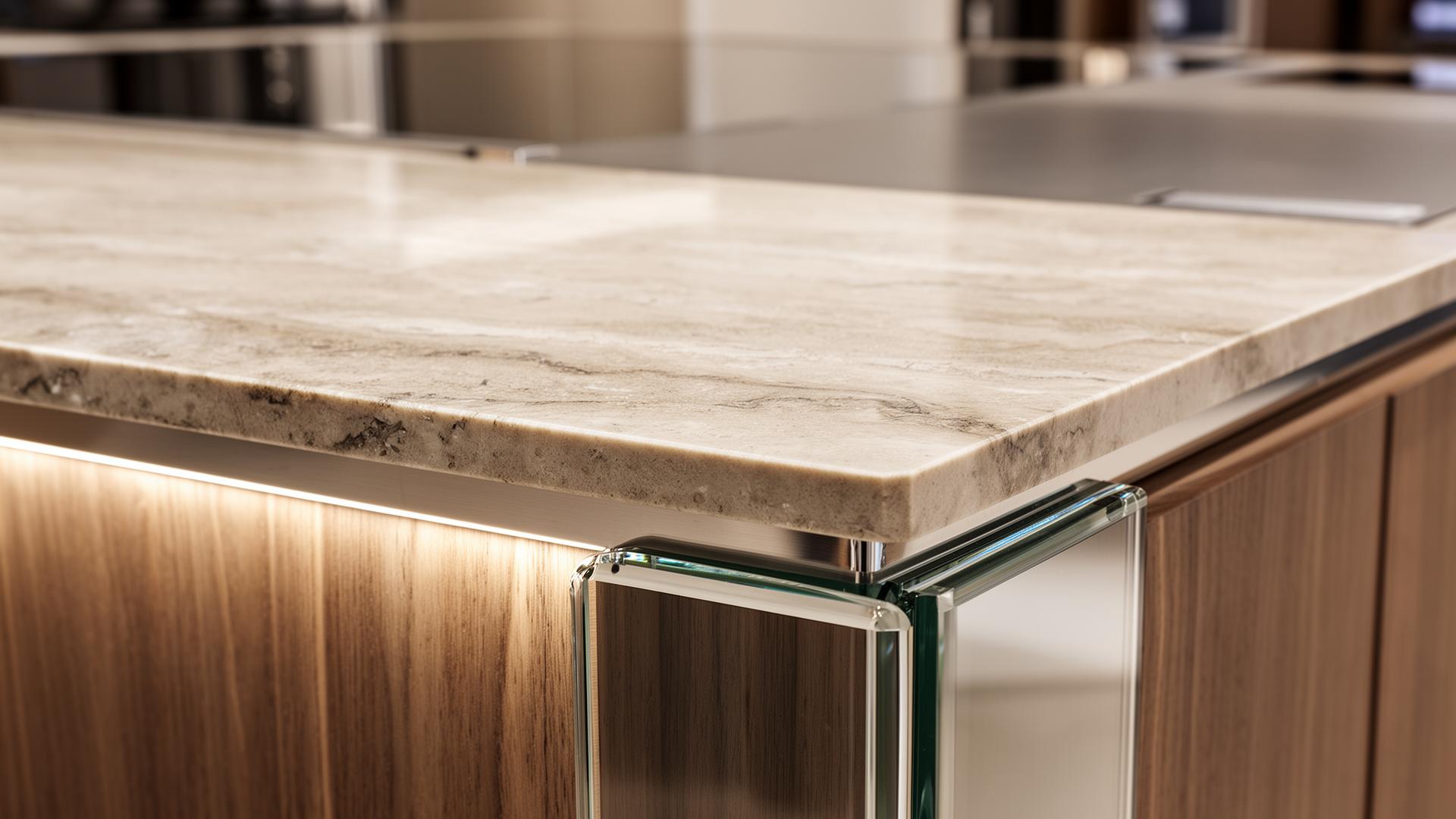 Detalle de mobiliario a medida para showroom: piedra natural, madera, vidrio e iluminación LED integrada.