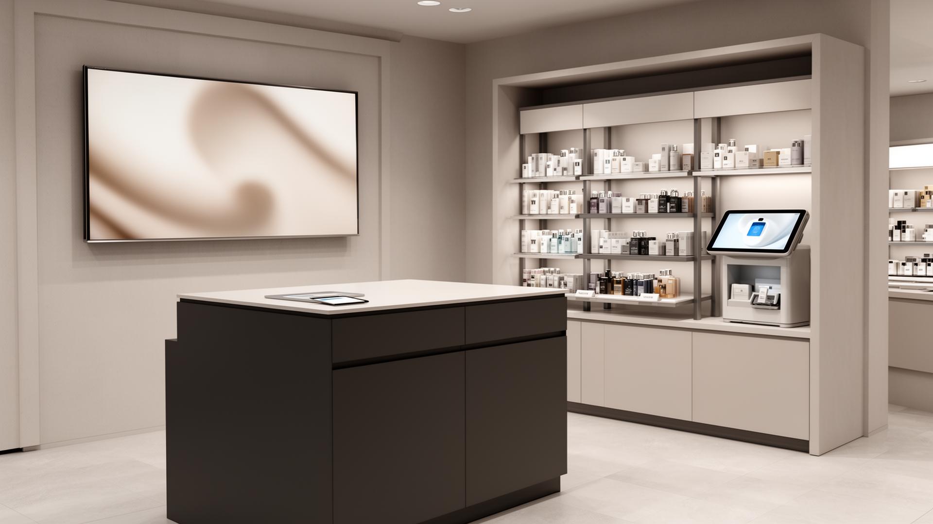 Integración de herramientas digitales en el punto de venta: pantalla y dispositivo interactivo en un entorno retail premium.