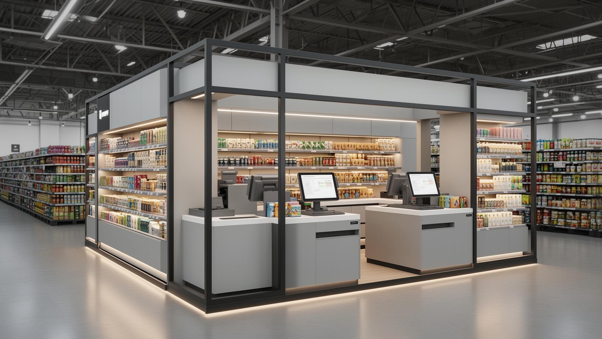 Exhibidor POP moderno en una tienda de gran consumo, con mobiliario comercial estructurado e iluminación LED.
