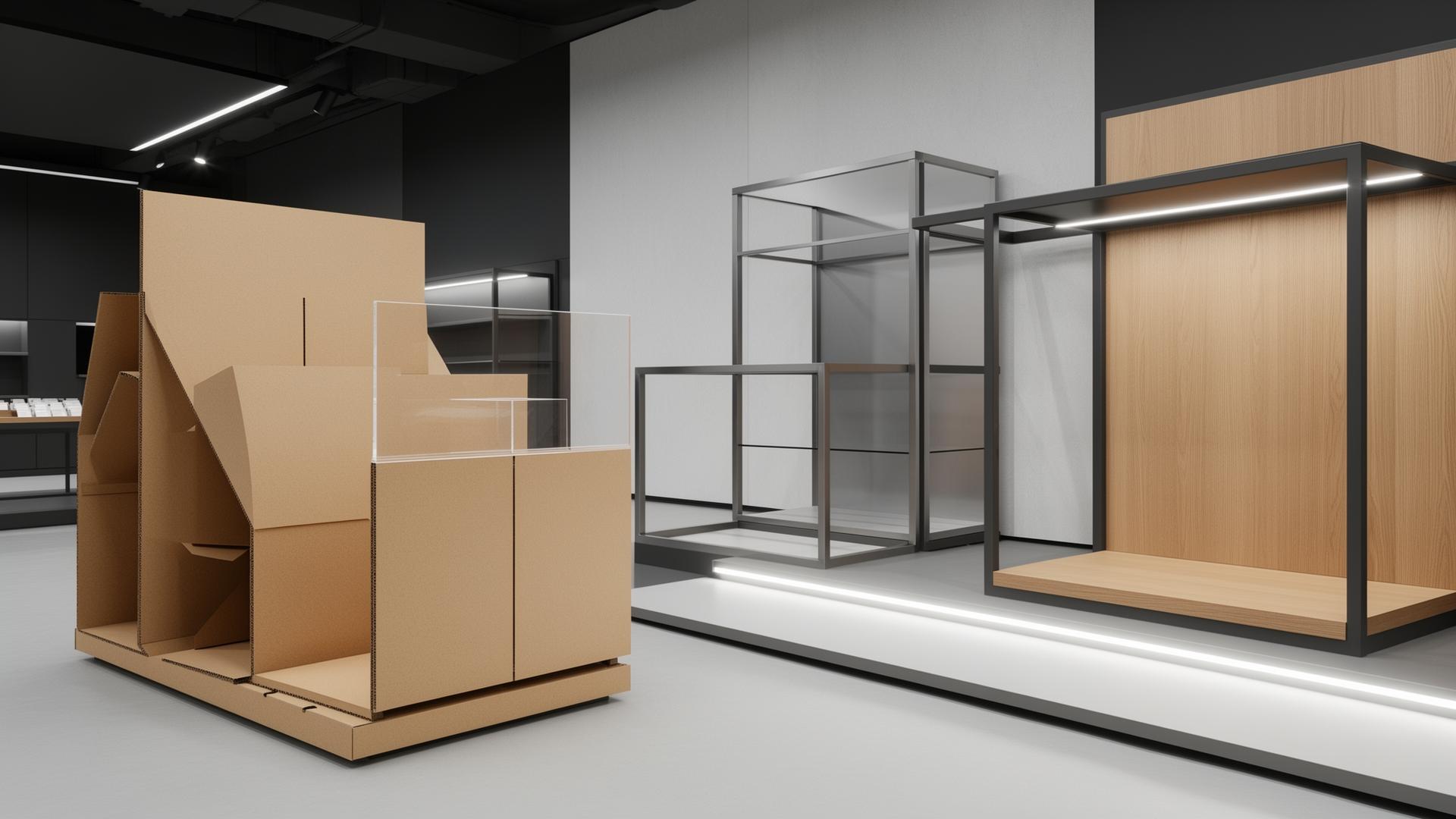Diferentes materiales POP en un entorno retail: cartón estructural, acrílico, metal, madera e iluminación LED.
