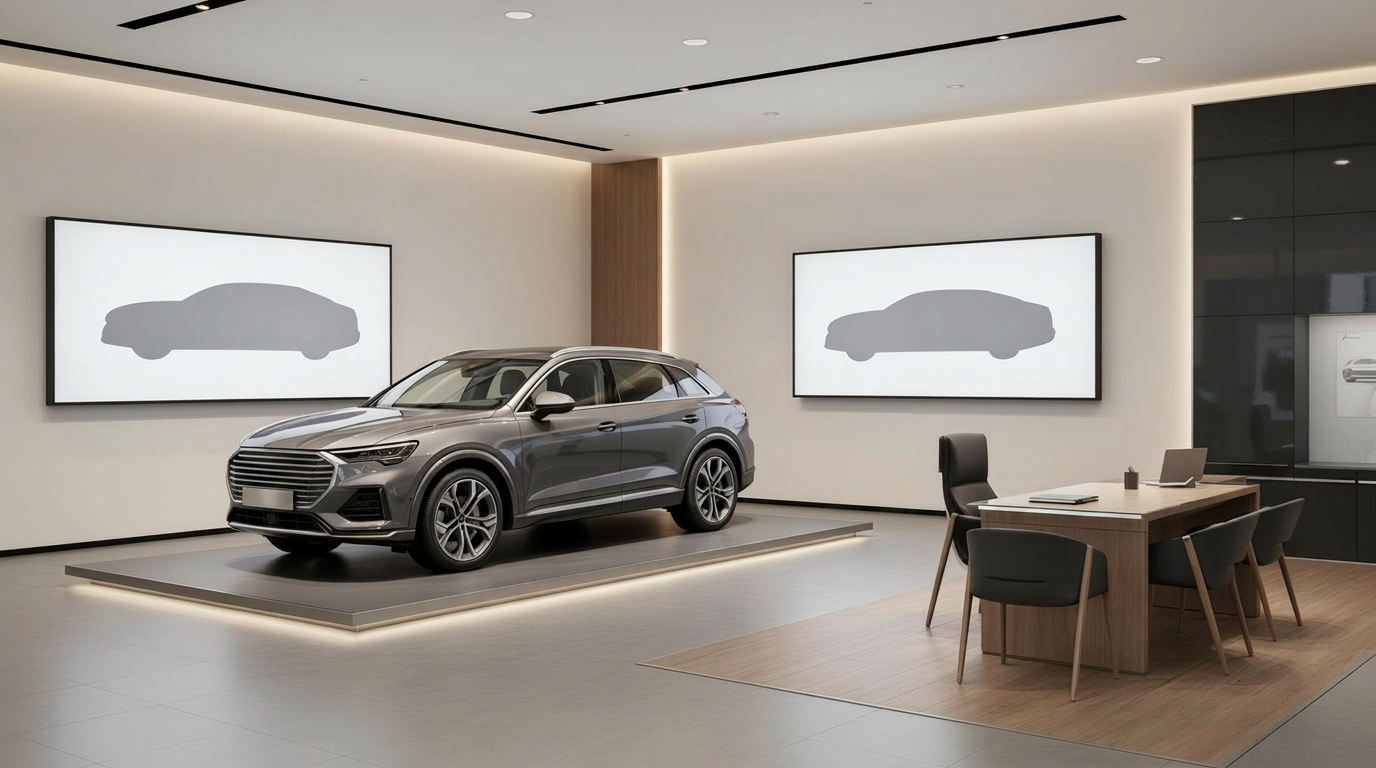 Coordinación de elementos físicos y digitales en un showroom automotriz: zona de exhibición de vehículo, pantallas y mesa de consulta.