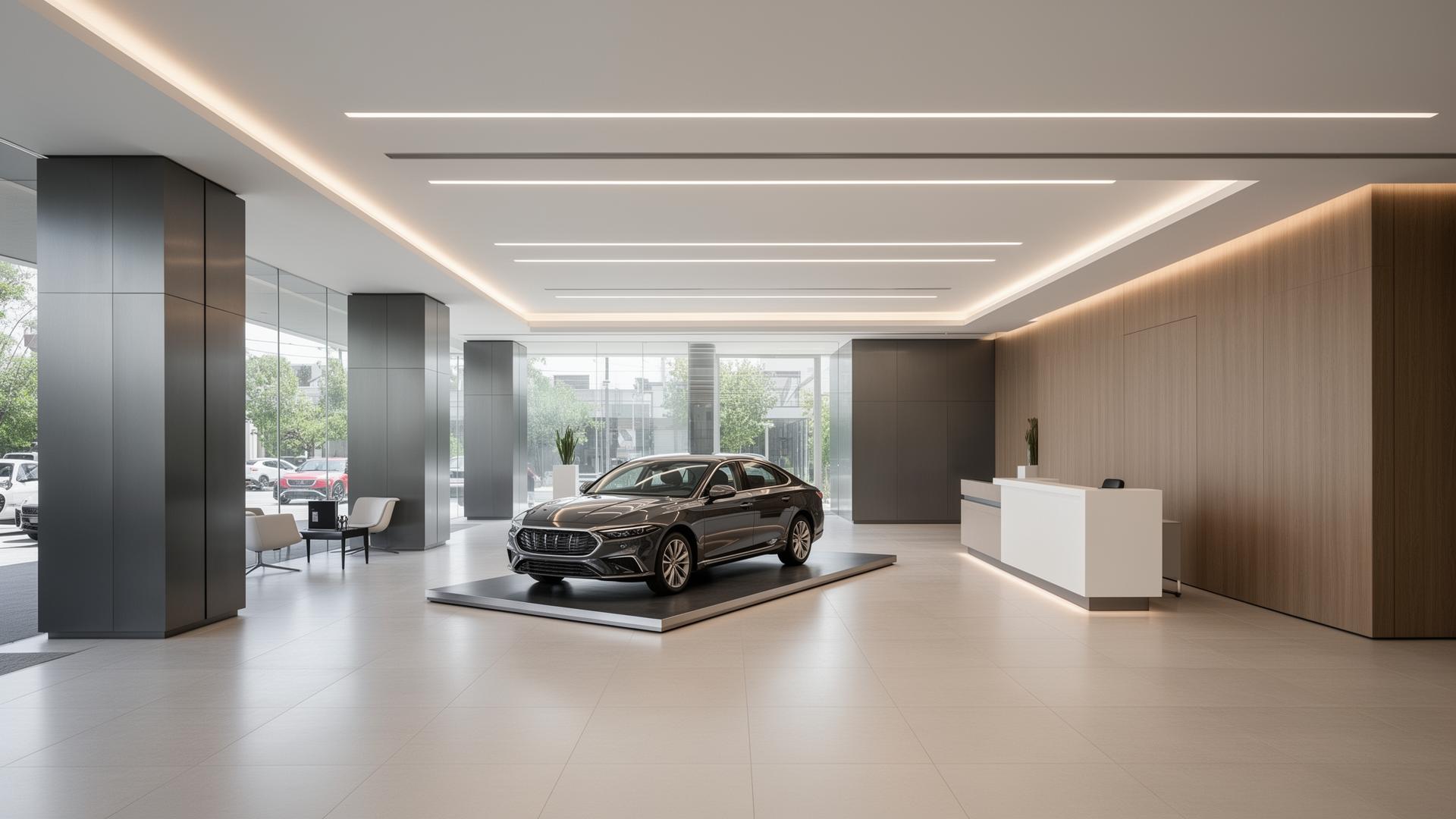 Showroom automotriz moderno en México con mobiliario comercial sobrio, plataforma de exhibición de vehículo y recepción premium.