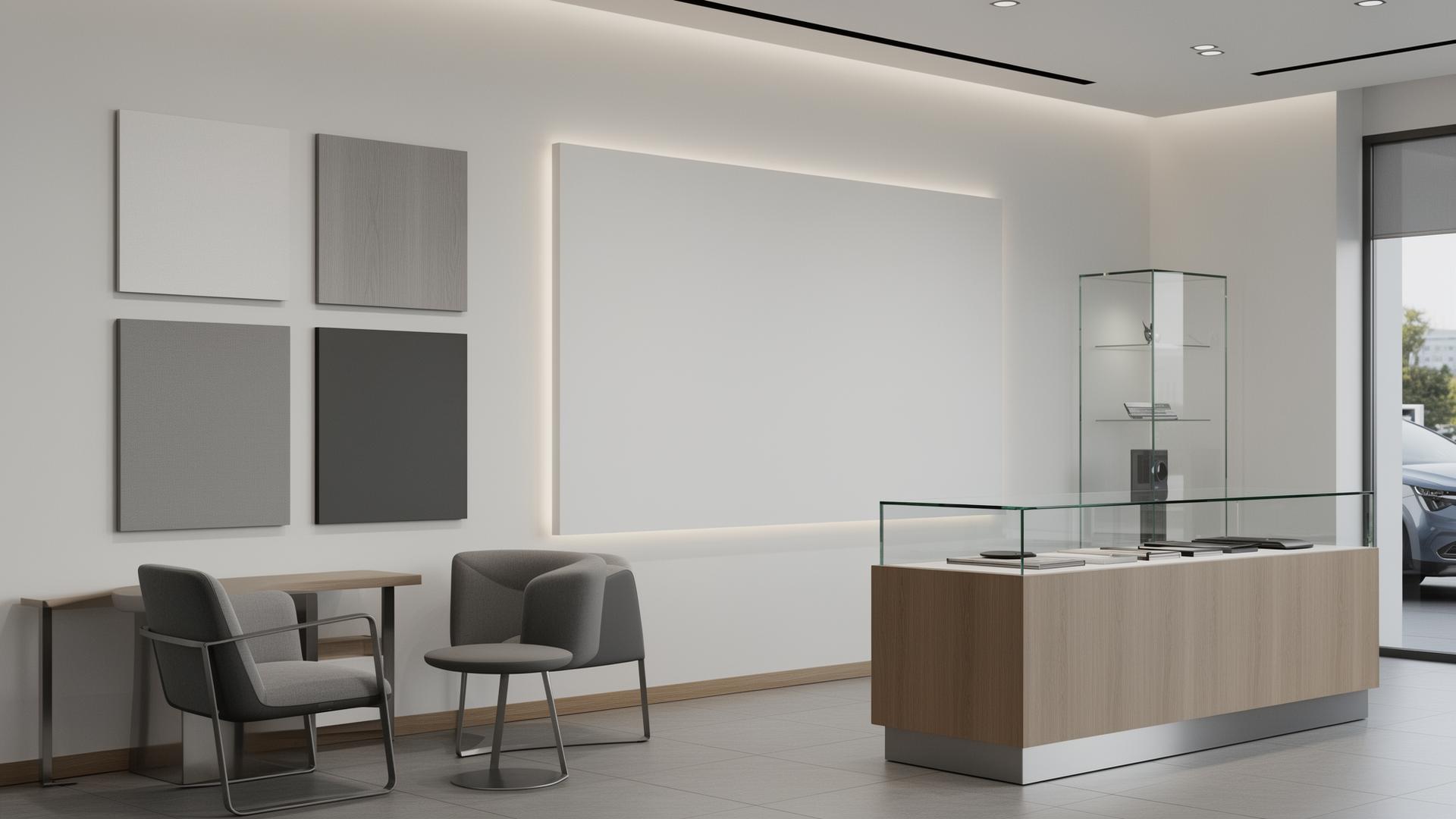 Implementación de identidad visual en un showroom automotriz: muestrarios de materiales, mobiliario comercial y zona de recepción.